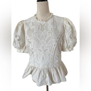 Express White Lace Puff Sleeve Peplum Blouse
